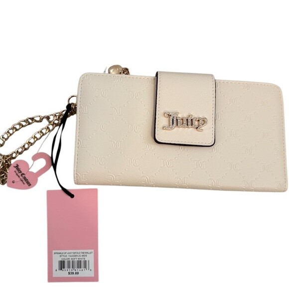 Juicy Couture Handbags - Juicy Couture Tab Wallet Womens Ivory JC Logo Chain Heart Charm Rhinestone